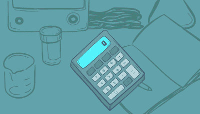 A hand types on a BioMath calculator